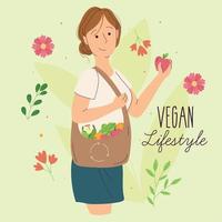 personagem de desenho animado de garota feliz com um saco de frutas e cestas vetor de estilo de vida vegano