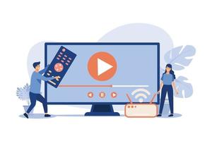 ilustração vetorial para assistir filmes, conceito de entretenimento doméstico. pequeno casal assistindo vídeo na internet. homem segurando o controle remoto, mulher em pé pelo receptor ou caixa inteligente com sinal wi-fi vetor