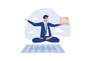 guru de negócios ou experiência, consultor ou consultor profissional, pensamento inteligente para resolver o conceito de problema, empresário genial sentado meditando trabalhando com laptop de computador flutuando no ar. vetor