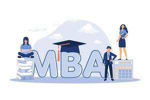 alunos de pós-graduação cursando administração e gestão de empresas, obtendo mestrado. ilustração vetorial plana para educação, conhecimento, conceito de escola de mba. ilustração moderna de design plano vetor