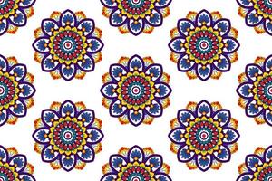 ikat abstrato geométrico mandala étnica sem costura padrão design. tecido asteca tapete mandala ornamentos têxteis decorações papel de parede. vetor de bordado tradicional de peru mandalas nativas tribais boho