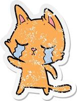adesivo angustiado de um gato de desenho animado chorando apontando vetor