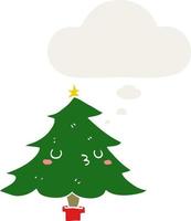 árvore de natal bonito dos desenhos animados e balão de pensamento em estilo retrô vetor