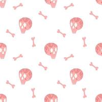 padrão de vetor para o halloween com caveiras cor de rosa, tatuagens e ossos cor de rosa em um fundo branco. ilustrações de férias, embalagens, t-shirts, cartazes, postais, pijamas