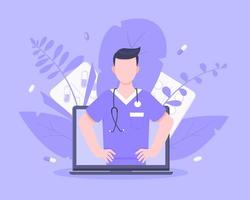 conceito de serviço médico on-line médico com médico na ilustração vetorial de laptop. vetor