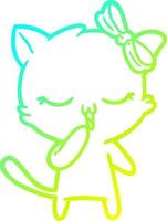 gato de desenho animado de desenho de linha de gradiente frio com laço na cabeça vetor