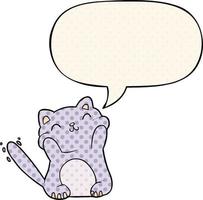 gato de desenho animado muito feliz e bolha de fala no estilo de quadrinhos vetor