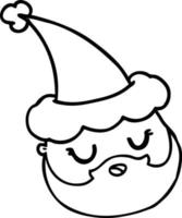 desenho de linha de um rosto masculino com barba usando chapéu de papai noel vetor