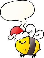 abelha de desenho animado bonito usando chapéu de natal e bolha de fala em estilo gradiente suave vetor