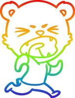linha de gradiente de arco-íris desenhando urso de desenho animado com raiva correndo vetor