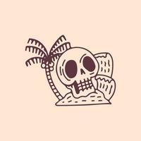 cabeça de caveira, praia e palmeira, ilustração para camiseta, pôster, adesivo ou mercadoria de vestuário. com estilo cartoon retrô vetor