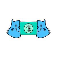 fantasia duas metades da cabeça de gato com dólar dentro, ilustração para camiseta, roupa de rua, adesivo ou mercadoria de vestuário. com estilo doodle, retrô e desenho animado. vetor