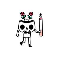 crânio de flor segurando cigarro, ilustração para camiseta, roupa de rua, adesivo ou mercadoria de vestuário. com estilo doodle, retrô e desenho animado. vetor