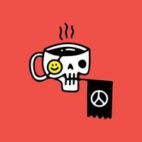 caveira caneca café e bandeira com símbolo de paz, ilustração para t-shirt, adesivo ou mercadoria de vestuário. com estilo doodle, retrô e desenho animado. vetor