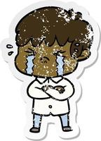 adesivo angustiado de um desenho animado de menino chorando vetor