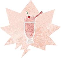 milkshake de desenho animado e bolha de fala em estilo retrô texturizado vetor