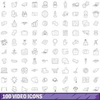 Conjunto de 100 ícones de vídeo, estilo de estrutura de tópicos vetor