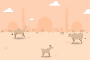 feliz eid al adha ilustração com cabras, ovelhas e camelos vetor