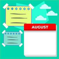modelo de calendário único de agosto e notas adesivas em branco. modelos adequados para conteúdo de mídia social. vetor