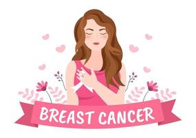 ilustração dos desenhos animados de fundo do mês de conscientização do câncer de mama com fita rosa e mulher para campanha de prevenção de doenças ou saúde vetor