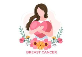 ilustração dos desenhos animados de fundo do mês de conscientização do câncer de mama com fita rosa e mulher para campanha de prevenção de doenças ou saúde