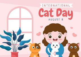 dia internacional do gato celebra a amizade entre humanos e gatos em agosto em ilustração de fundo de desenho animado bonito vetor