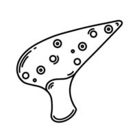 ícone de vetor de flauta ocarina. instrumento musical de madeira ou cerâmica desenhado à mão. apito isolado no fundo branco. equipamento tradicional italiano para melodias clássicas, folk. contorno monocromático