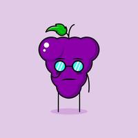 personagem de uva fofa com expressão legal e óculos. verde e roxo. adequado para emoticon, logotipo, mascote ou adesivo vetor