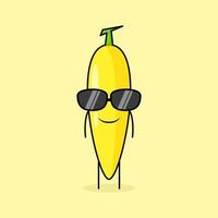 personagem de banana fofa com expressão de sorriso e óculos pretos. verde e amarelo. adequado para emoticon, logotipo, mascote ou adesivo vetor
