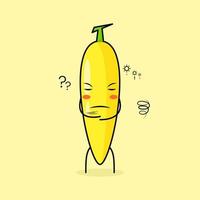 personagem de banana fofa com expressão de pensamento e olhos fechados. verde e amarelo. adequado para emoticon, logotipo, mascote vetor
