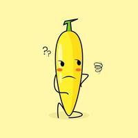 personagem de banana fofa com expressão de pensamento e sente-se. verde e amarelo. adequado para emoticon, logotipo, mascote vetor