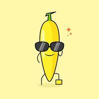 personagem de banana fofa com expressão de sorriso, óculos pretos, uma perna levantada e uma mão segurando os óculos. verde e amarelo. adequado para emoticon, logotipo, mascote ou adesivo vetor