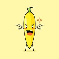 personagem de banana fofa com expressão de raiva. verde e amarelo. adequado para emoticon, logotipo, mascote. ambas as mãos levantadas e boca aberta vetor