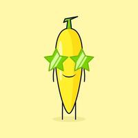 personagem de banana fofa com expressão de sorriso e óculos de estrelas. verde e amarelo. adequado para emoticon, logotipo, mascote ou adesivo vetor