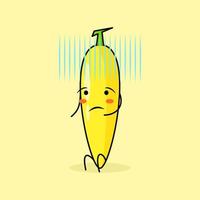 personagem de banana fofa com expressão sem esperança e sente-se. verde e amarelo. adequado para emoticon, logotipo, mascote e ícone vetor