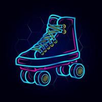 logotipo de arte neon de skate rolando. design colorido de skatista em linha com fundo escuro. ilustração vetorial de sapatos esportivos. fundo preto isolado para camiseta, pôster, roupas, merchandising, vestuário.