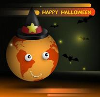 alegre planeta terra no chapéu de assistente celebra o halloween. morcegos e vaga-lumes estão voando ao redor. atmosfera de festa e feitiçaria. vetor