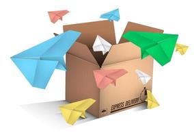 aviões de papel voando fora da caixa rotulada correio expresso. envio de mensagens e entrega de e-mail. vetor de cores