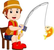 menino de desenho animado pescando vetor