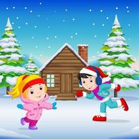 no inverno, as crianças brincam na neve com muita alegria vetor