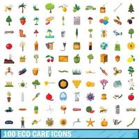 conjunto de 100 ícones de cuidados ecológicos, estilo cartoon vetor