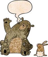amigos de urso e coelho dos desenhos animados e bolha de fala no estilo de textura retrô vetor