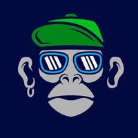 linha de macaco funky engraçado. logotipo da arte pop. design colorido com fundo escuro. ilustração em vetor abstrato. fundo preto isolado para camiseta, pôster, roupas, merchandising, vestuário, design de crachá
