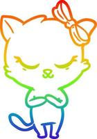 linha de gradiente de arco-íris desenhando um gato de desenho animado bonito com arco vetor