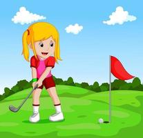 menina bonitinha jogando golfe vetor