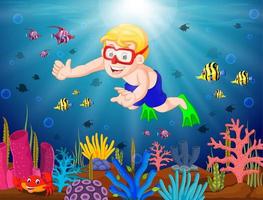 menino dos desenhos animados, mergulho no mar vetor