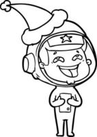 desenho de linha de um astronauta rindo usando chapéu de papai noel vetor