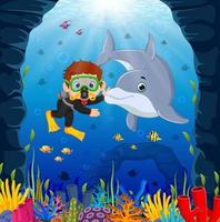 menino dos desenhos animados, mergulho no mar com golfinho vetor