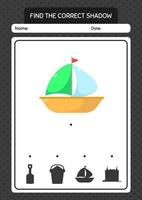 encontre o jogo de sombras correto com o veleiro. planilha para crianças pré-escolares, folha de atividades para crianças vetor