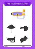 encontre o jogo de sombras correto com óculos de natação. planilha para crianças pré-escolares, folha de atividades para crianças vetor